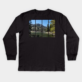 The fabulous alpine lake of Misurina in the Dolomites. Lovely and relaxing place in the Italian Alps. Reflections in the rippled water. Sunny spring day. Kids Long Sleeve T-Shirt